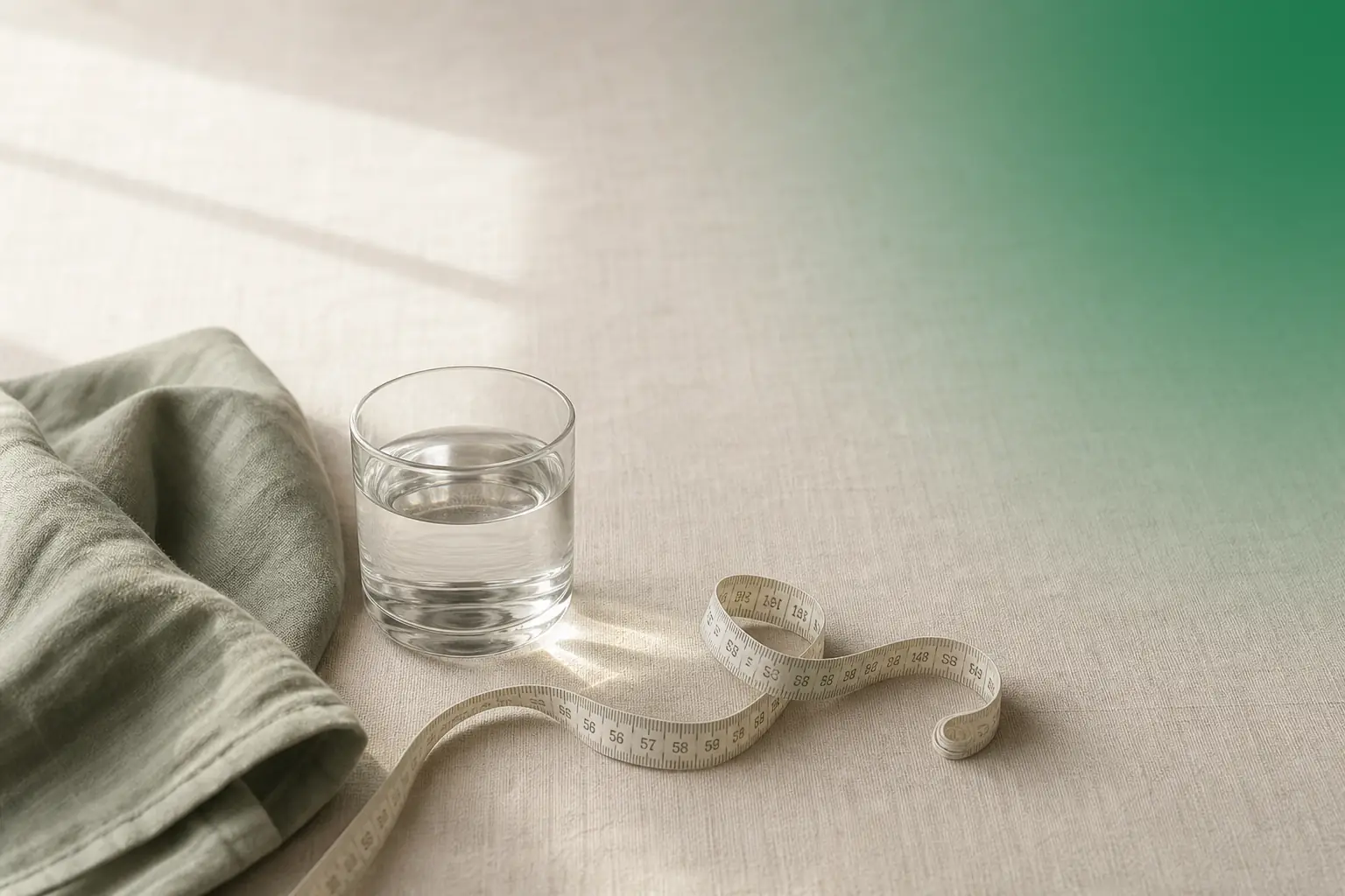 Centymetr krawiecki i szklanka wody na lnianym obrusie w naturalnym świetle