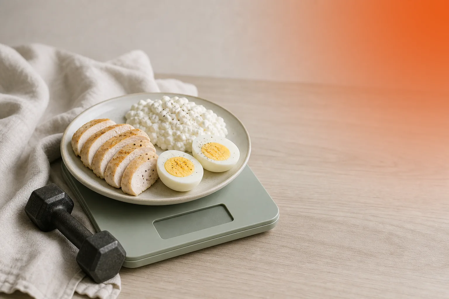 Talerz z pokrojoną piersią kurczaka, serkiem wiejskim i połówkami jajka na wadze kuchennej, obok czarny hantel