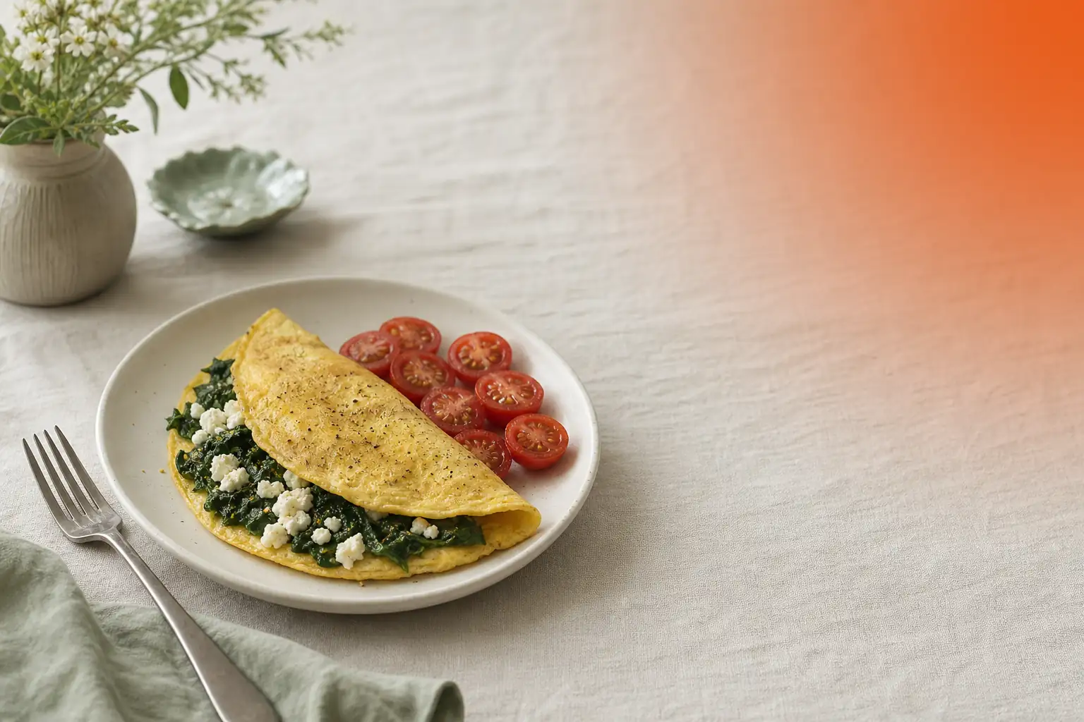 Omlet ze szpinakiem i fetą na białym talerzu, obok pomidorki koktajlowe i widelec